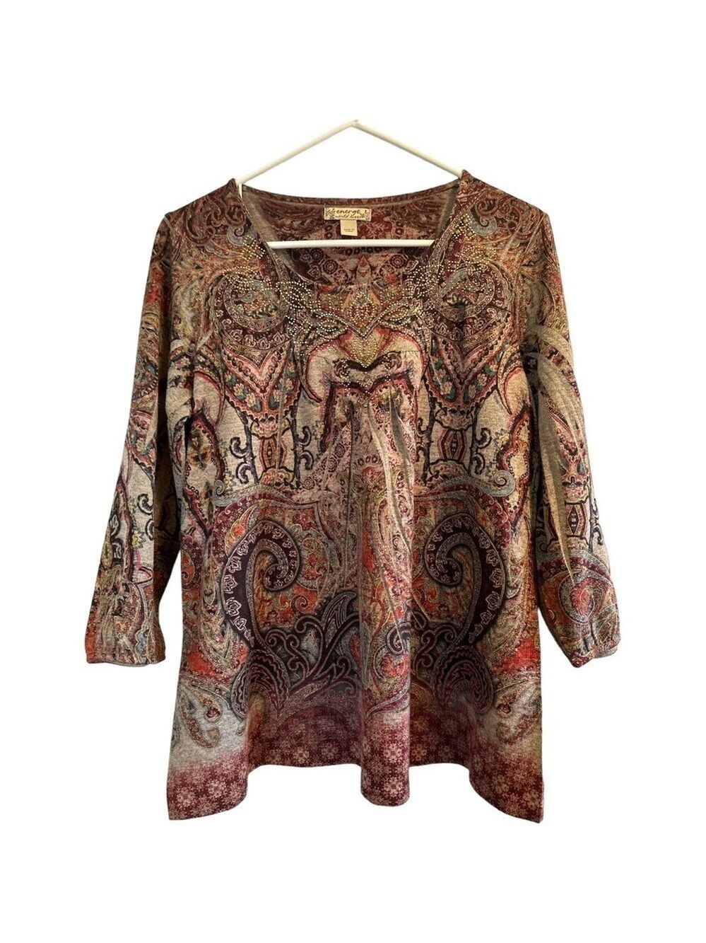 Energie Floral Abstract Artistic Blouse, embellishment at neckline, Large